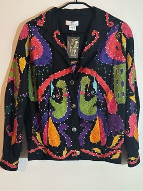 Vintage Sandy Starkman Art To Wear Jacket M Black Embroidered Peacock 90’s